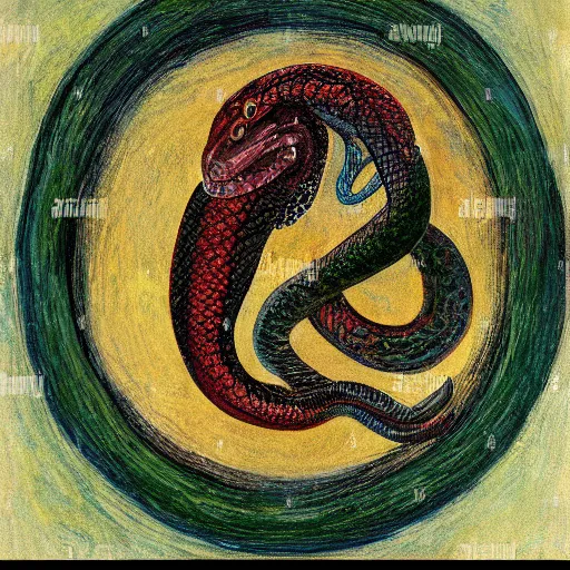 Prompt: ouroboros snake biting its own tail in a circle, tinted colours, highly detailed head, famous painting in the style of Claude Monet,