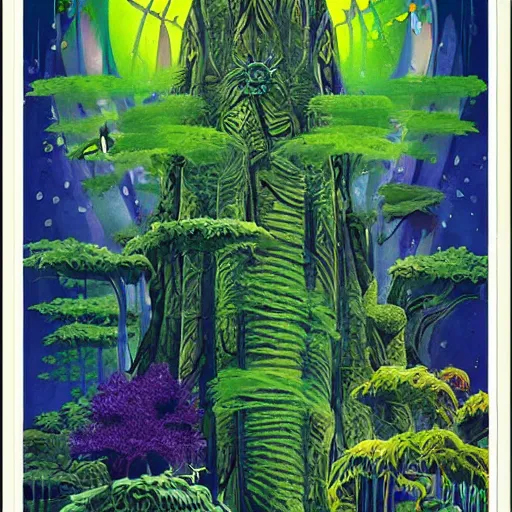 Prompt: impressionist symetrical jungle taste pine tree, by h. p. lovecraft and anton pieckko, surrealist witch's garden turret, poster art dark extraterrestrial aquatic universe cabernet toast, by sandro bottice