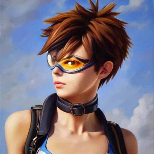 Image similar to oil painting of tracer overwatch in a field wearing very large black leather belt choker collar around neck, in style of mark arian, expressive face, very detailed face, very detailed eyes, belt around neck, full body, feminine face, tracer overwatch,