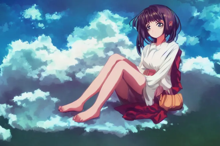 Prompt: a cute anime girl sitting on a cloud, digital art, anime,