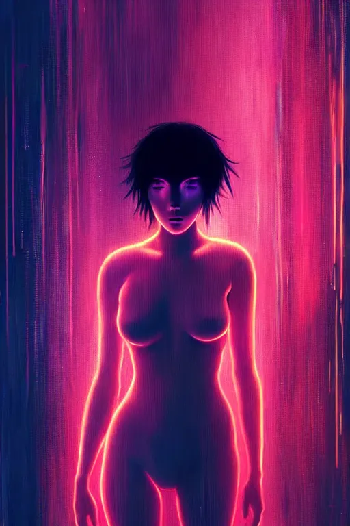 Prompt: portrait of a ghost in the shell in the glowing neon rain with wet hair and face, fantasy, intricate, elegant, dramatic lighting, highly detailed, lifelike, photorealistic, digital painting, artstation, concept art, smooth, sharp focus, illustration, art by John Collier and Albert Aublet and Krenz Cushart and Artem Demura and Alphonse Mucha