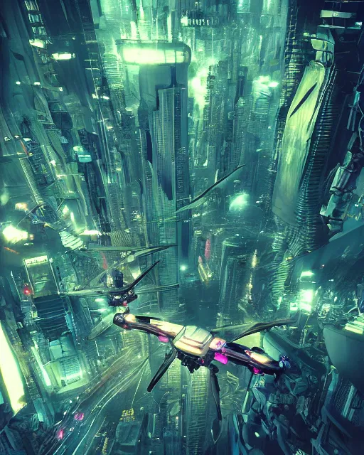 Image similar to cyberpunk drone above a city, scifi, futuristic, neon light, highly detailed, concept art, sharp focus, trending on artstation, intricate, atmosphere, raining, art by roman makarenko, dzung phung dinh