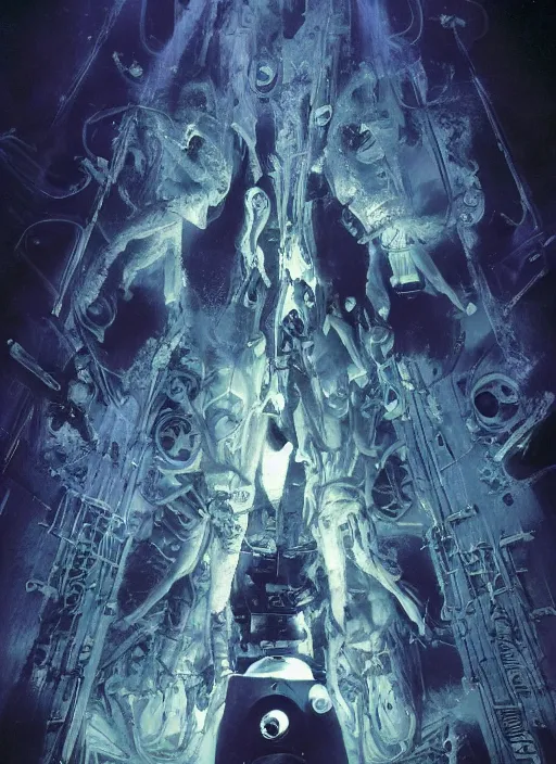 Image similar to astronauts divers in dark void underwater - complex and hyperdetailed technical suit design. reflection and dispersion materials. rays and dispersion of light. volumetric light. f / 3 2. noise film photo. flash photography. ultra realistic, 5 0 mm. poster by wayne barlowe, hajime sorayama aaron horkey, craig mullins