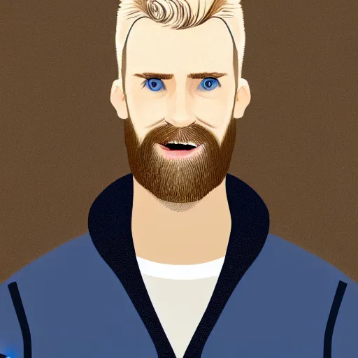 Prompt: A portrait of a british man, digital painting man with short blond hair and a short blond beard, blue eyes, pale skin, English heritage, digital art, cartoon, mid-shot, 8k