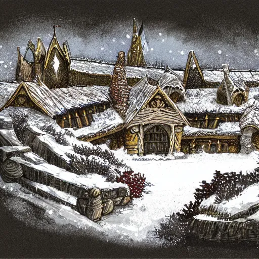 Prompt: detailed illustration of hobbiton in winter, from the lord of the rings