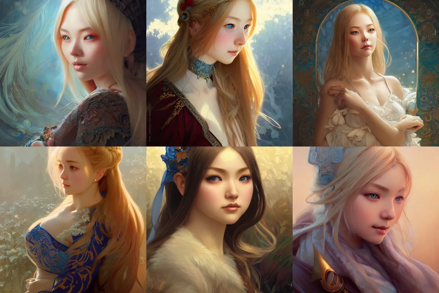 Prompt: portrait of a cute asian blonde girl with big blue eyes, fantasy, intricate, elegant, highly detailed, digital painting, artstation, concept art, smooth, sharp focus, illustration, art by artgerm and greg rutkowski and alphonse mucha