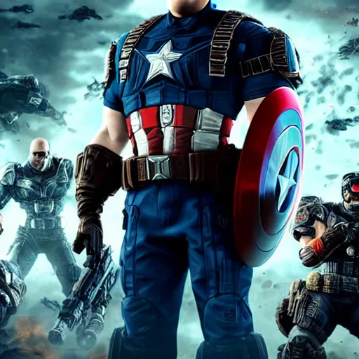 Image similar to Portrait of Donald Trump as captain america in Gears of War, splash art, movie still, cinematic lighting, dramatic, octane render, long lens, shallow depth of field, bokeh, anamorphic lens flare, 8k, hyper detailed, 35mm film grain