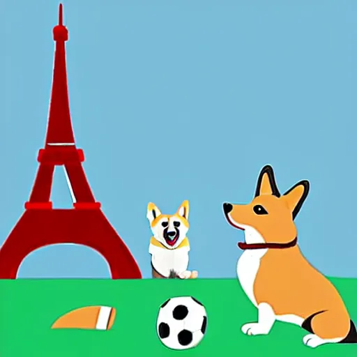 Image similar to illustration of french boy playing football with a corgi wearing a polkadot scarf in front of the eiffel tower