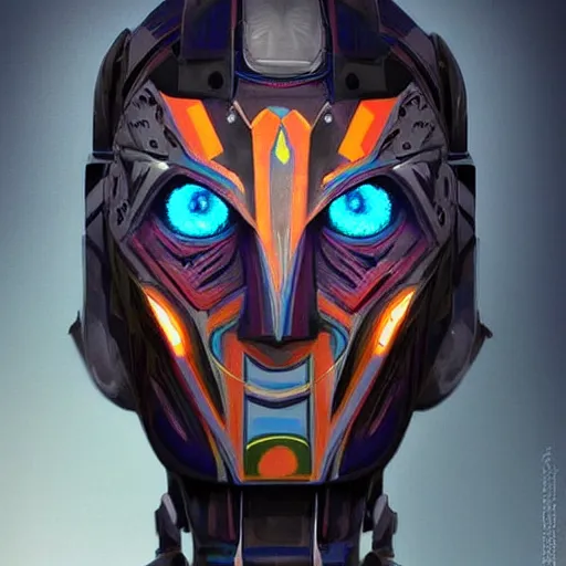 Prompt: a female transformer with tribal paint, glowing eyes, very symmetrical face, highly detailed, by vitaly bulgarov, by steven zavala, by matt tkocz, by shane baxley, mecha, robotic, transformers cinematic universe, pinterest, deviantart artstation _ h 7 5 0