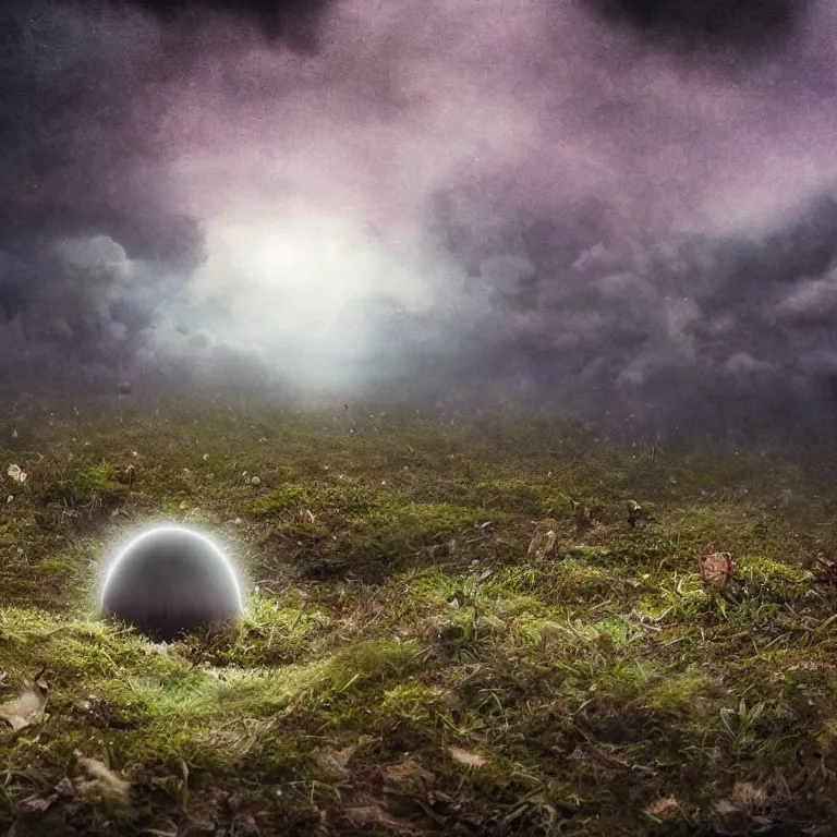 Image similar to a planet of various fungus, mushrooms and plants, inside the picture is infinity, Atmospheric phenomenon, artistic photography, muted colors, conceptual, long exposure outside the city, volumetric light