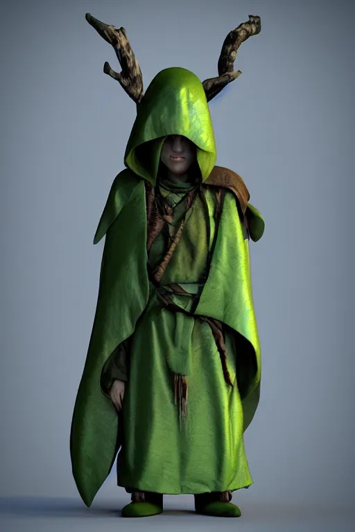 Image similar to A cute shaman with no nose, glowing eyes and a very long hooded dark green cloak of leaves by Julien Kaspar, 3D render, stylized, Cycles Render