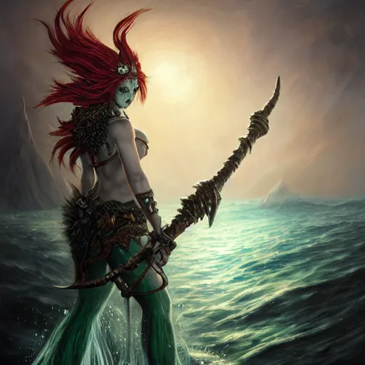 Prompt: a beautiful detailed 3d matte portrait of a triton with green hair, wearing studded leather armor, wielding a staff with a glowing red crystal, male, dungeons and dragons character, standing beside the ocean, by ellen jewett, by tomasz alen kopera, by Justin Gerard, ominous, magical realism, texture, intricate, skull, skeleton, whirling smoke, alchemist bottles, radiant colors, fantasy, volumetric lighting, high details