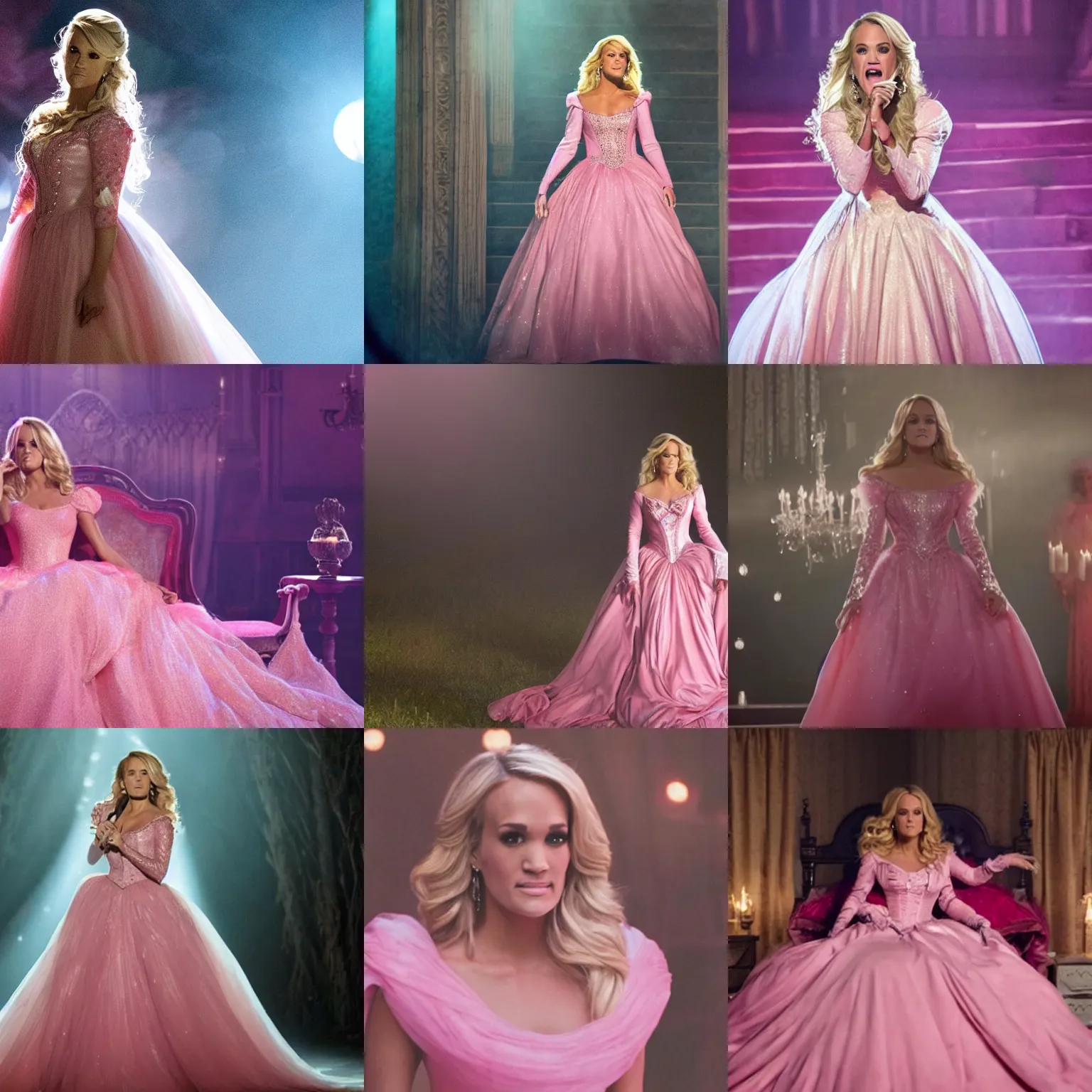 Prompt: a movie still of carrie underwood as sleeping beauty in a pink dress, dynamic lighting, 8 k, full body picture, 2 0 2 2 picture of the year, hyper realistic, beautiful
