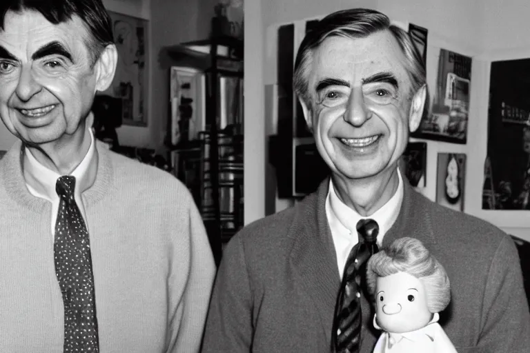 Image similar to A photography of Mr. Rogers standing next to Mr. Bean