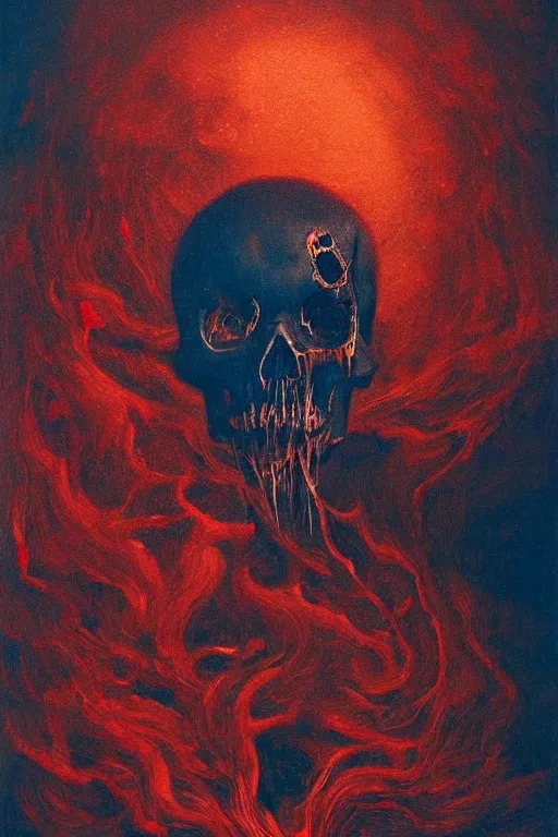 Prompt: crying skull of beautiful woman made of red smoke and ash with golden tears, art by beksinski, deep eyes, dark blue atmosphere, snow landscape background, psychedelic concept art, artstation, art by anato finnstark