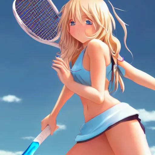 Image similar to a very beautiful young anime tennis girl, full body, long wavy blond hair, sky blue eyes, full round face,, bikini, miniskirt, front view, mid - shot, highly detailed, cinematic wallpaper by stanley artgerm lau