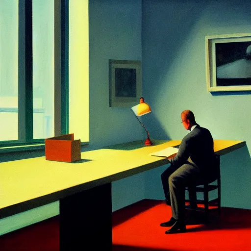 Image similar to painting of a lone man, sitting at his desk in an empty, huge office, in the style of edward hopper