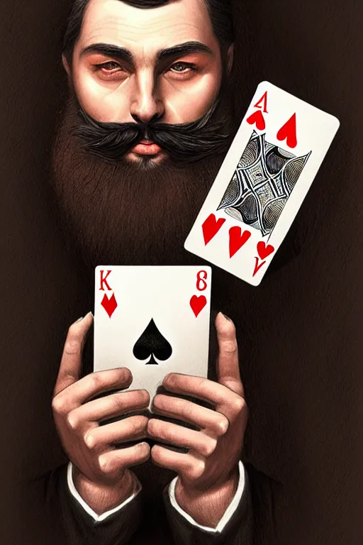 Prompt: bearded round face with no moustache, magician holding playing cards, realistic, modern, magicians eyes are covered with cloth, intricate, elegant, highly detailed, digital painting, artstation, concept art, addiction, chains, smooth, sharp focus, illustration, art by ilja repin