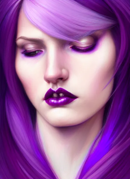 Prompt: Purple hair relistic Portrait of a two woman with bright colored flying hair, all shades of purple. Beauty face, red lips, Hair coloring, fantasy, intricate, elegant, highly detailed, digital painting, artstation, concept art, smooth, sharp focus, illustration, art by artgerm and greg rutkowski and alphonse mucha