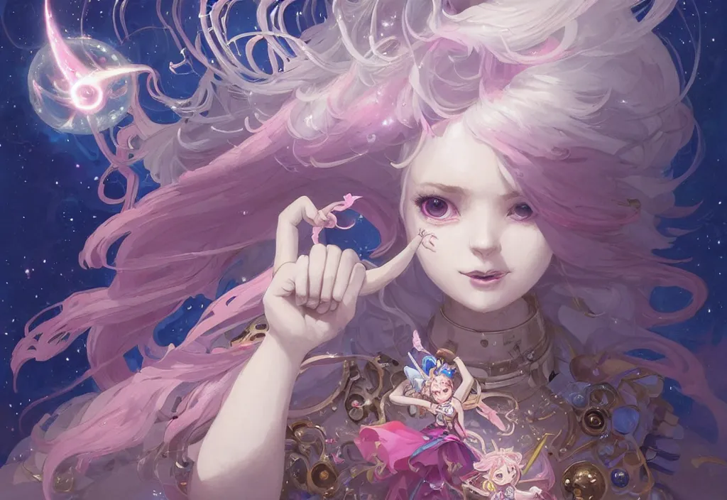 Image similar to close up picture of an maximalist dress magical girl, neat hair with bangs, smug face, fist to camera, extremely beautiful and aesthetic and detailed cute face and eyes, wipe out evils with cute astronaut familiar sprites, aming the magical beams, chiaroscuro, intricate, masterpiece, fantasy illustrations by peter mohrbacher and anato finnstark and jeremy lipking