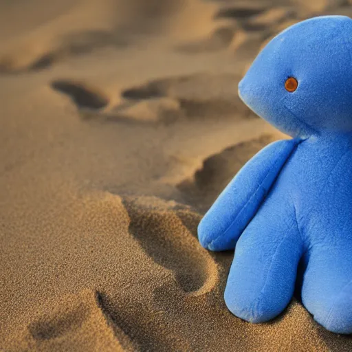 Image similar to blue'snappy gifts'plush doll, on beach sand, gifts, dark atmosphere, high detail, soft lighting, 8 k