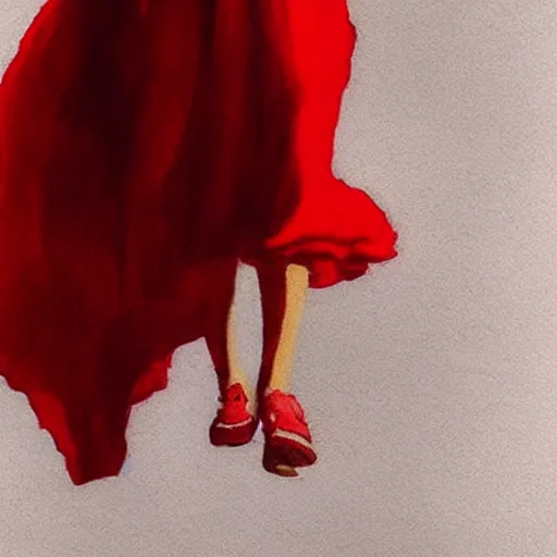 Prompt: a girl in a red dress climbing infinite stairs to heaven, cinematic image, hyperrealistic, sketch draw