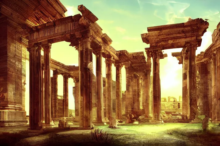 Prompt: ancient roman structures, retrowave epic art, trending on art station