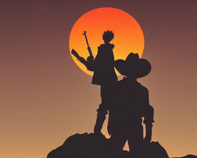 Image similar to cowboy bebop silhouette in the desert, synthwave