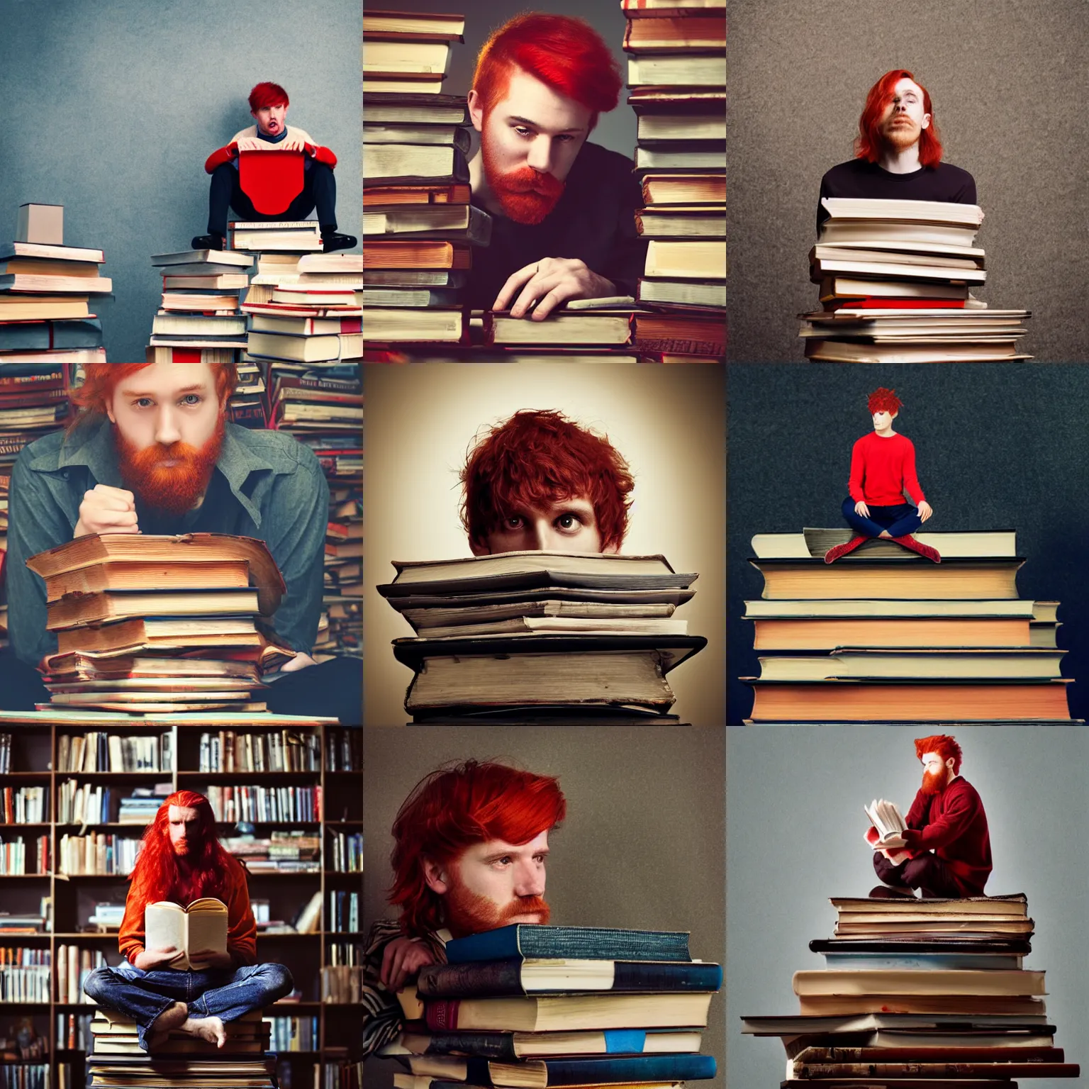 Prompt: a red - haired man sitting on top of a stack of books, a stock photo by oleg oprisco, cg society contest winner, academic art, extreme long shot, sigma 1 0 5 mm f 2., stockphoto, storybook illustration