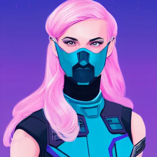 Image similar to a stunning upper body portrait of a beautiful young woman wearing futuristic navy blue and teal battle bodyarmor with shoulder pads, ombre purple and pink hairstyle, hair blowing in the wind, by marvel comics, digital art, trending on artstation