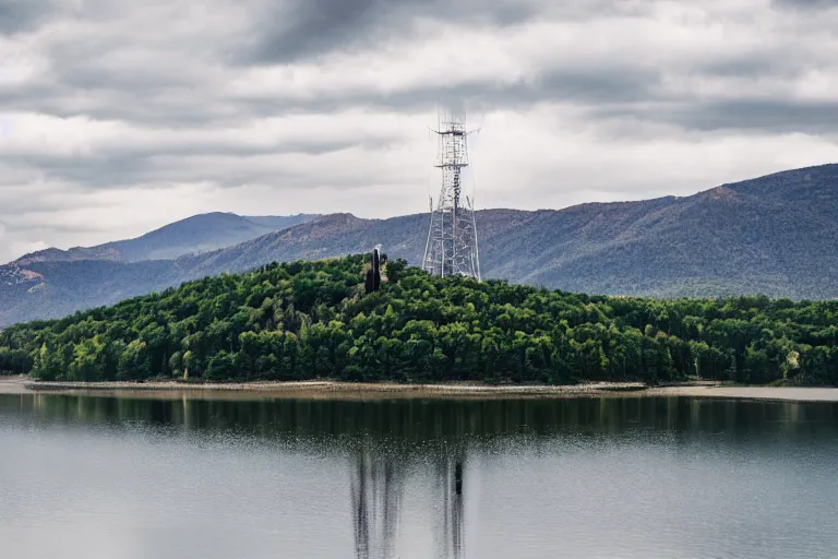 Image similar to a hill with a radio tower next to a lake, hills in background. telephoto lens photography.