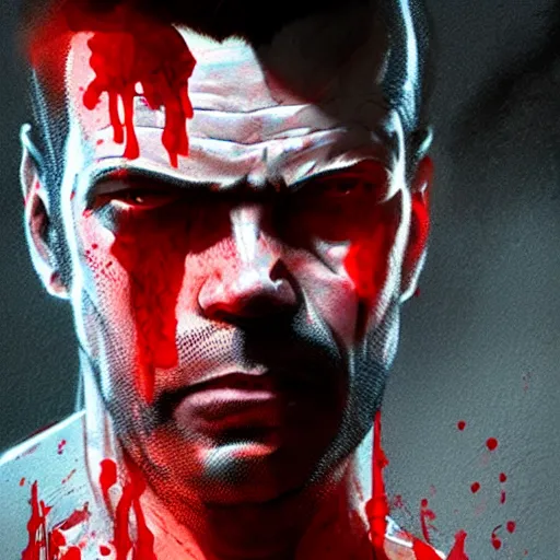 Image similar to Max Payne covered in blood, by Cedric Peyravernay, highly detailed, excellent composition, cinematic concept art, dramatic lighting, trending on ArtStation