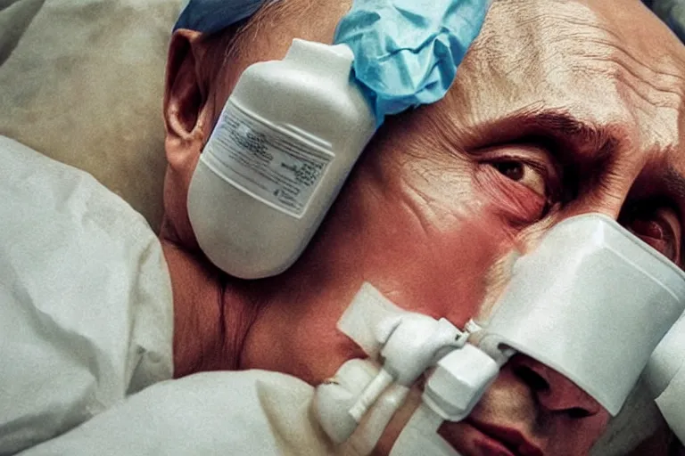 Prompt: hyperrealistic oil painting of very ill Vladimir Putin as a patient wearing an oxygen mask on a death bed inhaling from Copium tank that stand near his bed, detailed face, artstation, matte painting, highly detailed, intricate, concept art, dramatic cinematic lighting, octane render, 8k, unreal engine