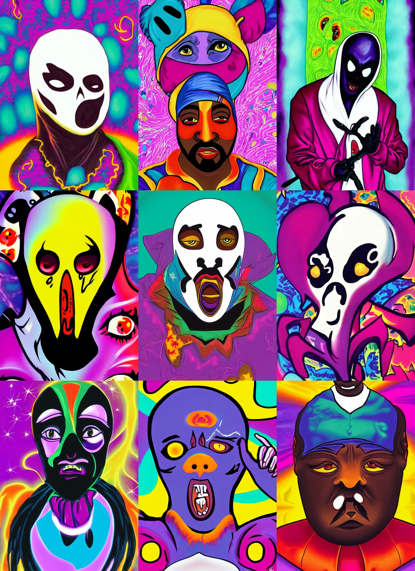 Prompt: character portrait of Ghostface from Scream artwork by Lisa Frank