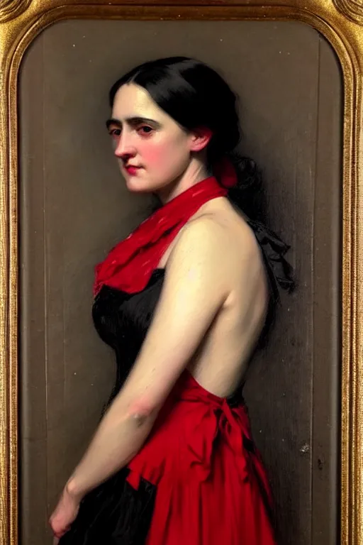 Image similar to ( ( ( ( ( ( ( ( ( ( ( victorian genre painting beautiful young woman with black and red dress ) ) ) ) ) ) ) ) ) ) ) painted by solomon joseph solomon and richard schmid and jeremy lipking!!!!!!!!!!!!!!!!!!!!!!!!!!!!
