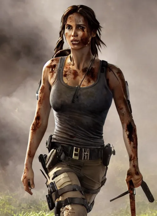 Prompt: a film still of lara croft as cop, her clothes little damaged because explosion, her face muddy and sweat, direct sun light, close up potrait, cinematic,