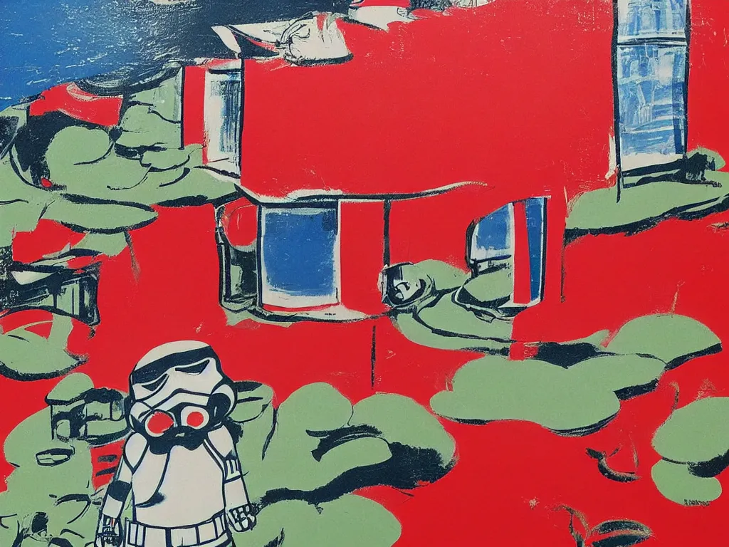 Prompt: close - up image of a red house with a pond, with stormtroopers sitting around it, a combination of pop - art and traditional japanese painting styles, the style of andy warhol, roy lichtenstein and jackie tsai, bright palette, acrylic on canvas