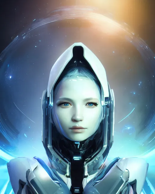 Image similar to perfect android girl on a mothership, warframe armor, beautiful face, scifi, futuristic, galaxy, nebula, raytracing, dreamy, long white hair, blue cyborg eyes, sharp focus, cinematic lighting, highly detailed, artstation, divine, by gauthier leblanc, kazuya takahashi, huifeng huang