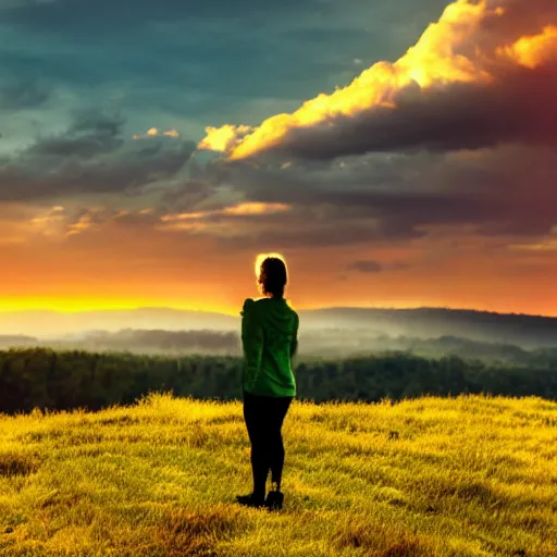 Prompt: woman in silhouette standing atop a hillside, yellow sky, green hills, trees, hinterland, artistic, intense, spooky