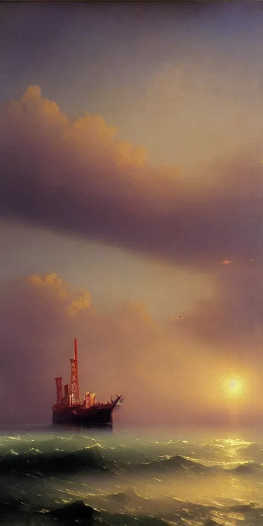 Image similar to oil rig by aivazovsky, oil on canvas, highly detailed, masterpiece painting