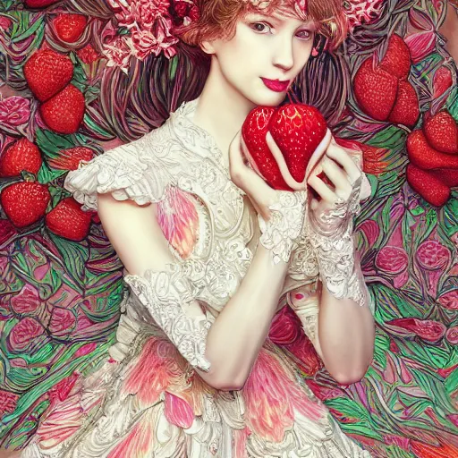 Image similar to the portrait of an absurdly beautiful, graceful, elegant, sophisticated, fashionable woman made of strawberries and white petals looking down, an ultrafine hyperdetailed illustration by kim jung gi, irakli nadar, intricate linework, bright colors, octopath traveler, final fantasy, unreal engine 5 highly rendered, global illumination, radiant light, detailed and intricate environment