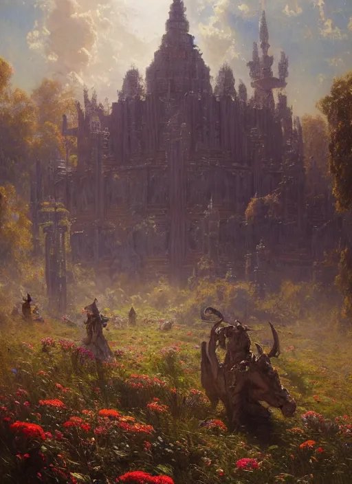 Image similar to giant castle temple megastructure in meadow by gaston bussiere, anna nikonova aka newmilky, greg rutkowski, yoji shinkawa, yoshitaka amano, moebius, donato giancola, geoffroy thoorens, trending on artstation, pixiv, cinematic composition, 8 k