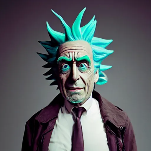 Prompt: Head and shoulders studio photograph of Rick Sanchez from Rick & Morty, taken by Annie Leibovitz