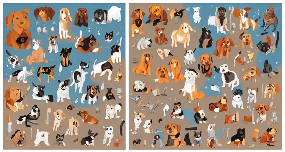 Prompt: a knolling of cartoon illustrations of dogs and cat, wimmelbuilder, superflat pop