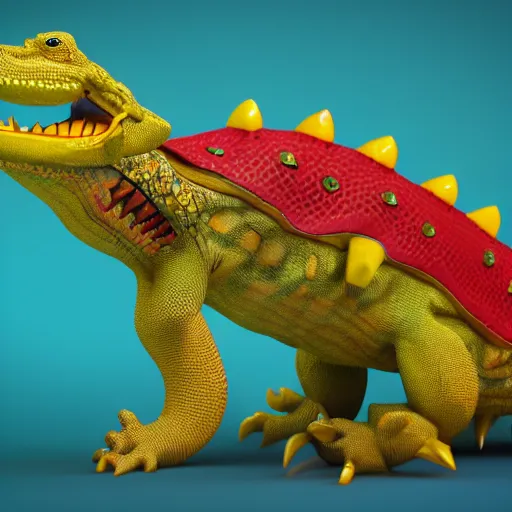 Image similar to 3 d render, anthropomorphic alligator, red scales on his back, yellow scale on his belly and chest, male, waring a hawaiian shirt, done by taran fiddler, hd, 4 k, high definition background