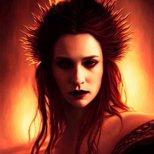 Image similar to majestic gracious regal aristocratic female vampire portrait, atmospheric lighting, painted, ravenous, tempestuous, menacing, intricate, volumetric lighting, beautiful, rich deep colours masterpiece, golden hour, sharp focus, ultra detailed, by leesha hannigan, ross tran, thierry doizon, kai carpenter, ignacio fernandez rios