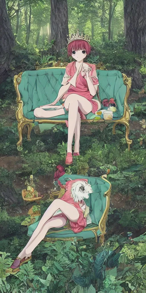 Image similar to the queen of good vibes sitting by herself on a sofa in a forest, drawn by CloverWorks, intricate detail, elegant, beauty