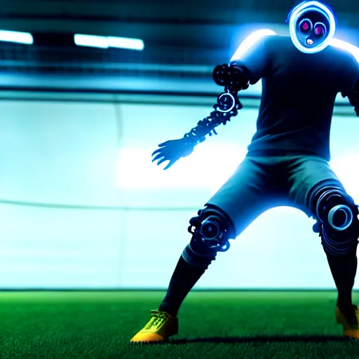 Image similar to a cyberpunk cyborg kicking a soccer ball in a soccer game, hyperrealistic, unreal engine, 4 k, 3 d