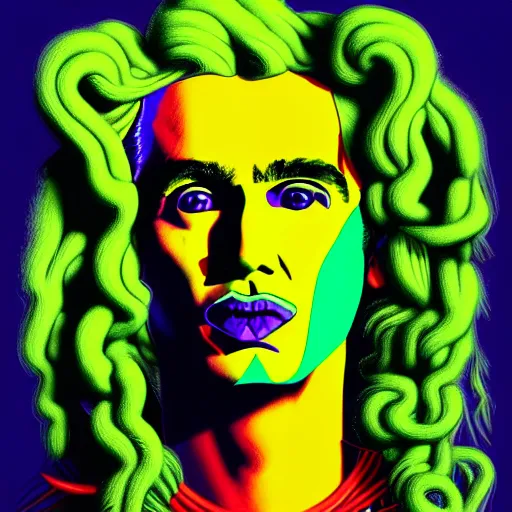 Prompt: an extremely psychedelic portrait of andy warhol as medusa, surreal, lsd, face, detailed, intricate, elegant, lithe, highly detailed, digital painting, artstation, concept art, smooth, sharp focus, illustration