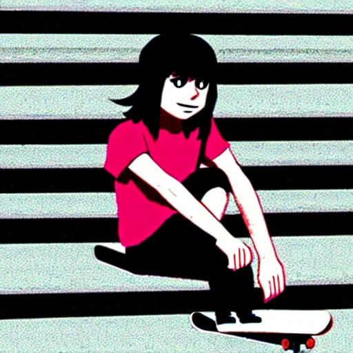 Image similar to skater girl sitting on steps by scott pilgrim, by bryan lee o'malley